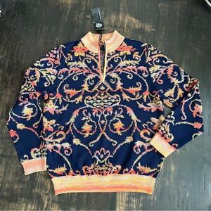 Men's Prestige 1/2 Zip Textured Polo Navy Orange Patterned Sweater Wool New L